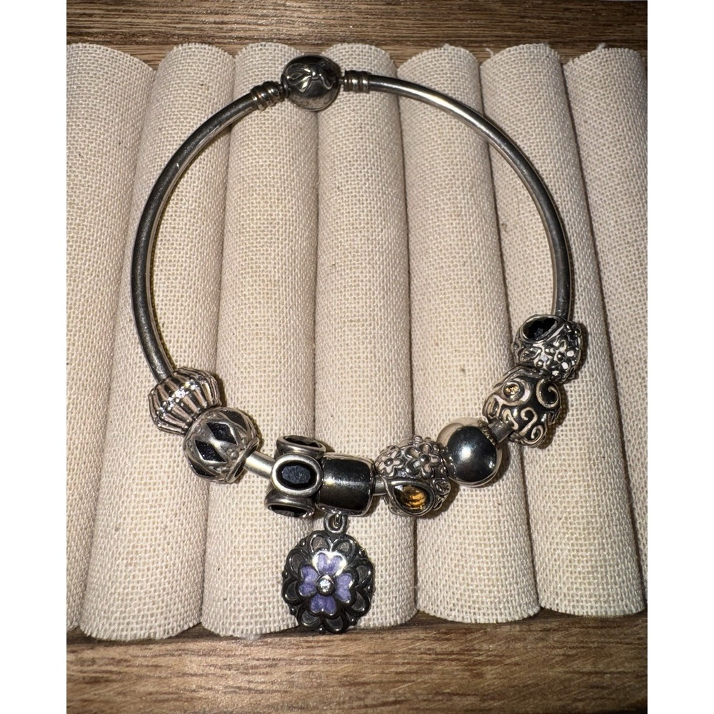 Pandora 925 Sterling Silver Bow Bangle Bracelet ALE + 8 Charms 40 grams